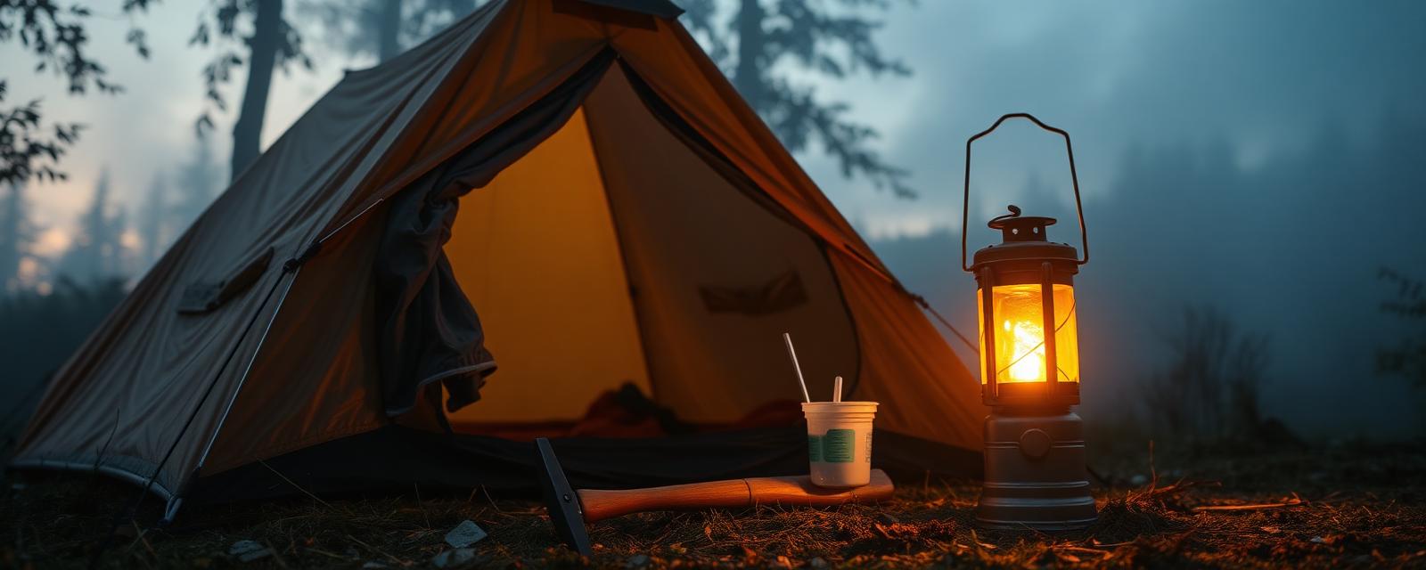 Tent and lantern glowing in a misty jungle camp
