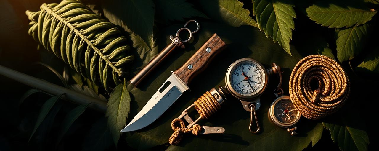 Survival knife, compass and paracord on jungle leaves